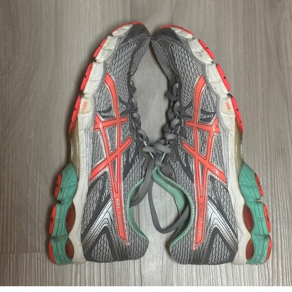 ASICS Running Shoes Womens 8.5 Gray Coral Teal Lace Up Athletic Sneakers